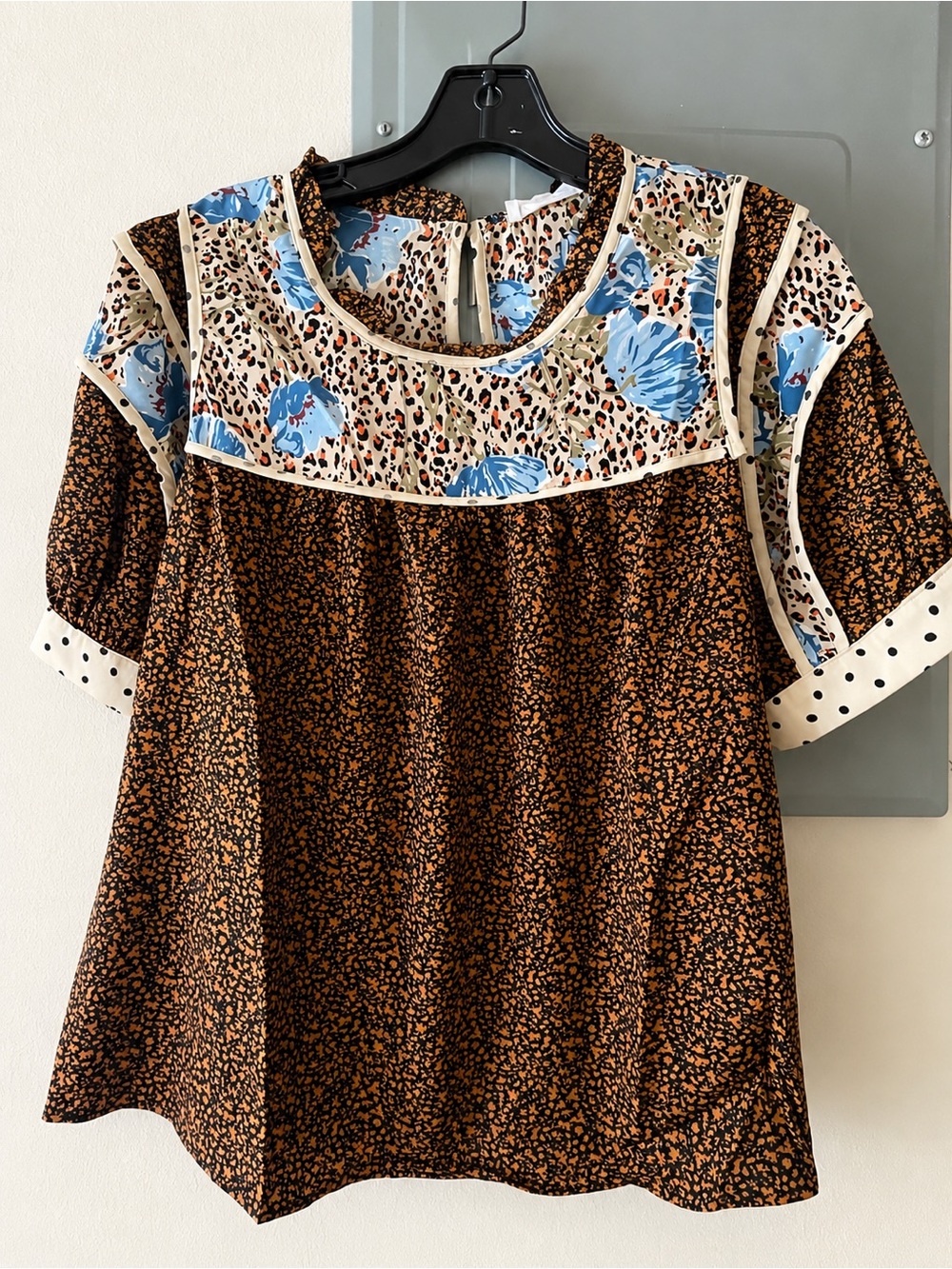 THML Brown Floral Patchwork Short Sleeve Tunic with Blue Accents